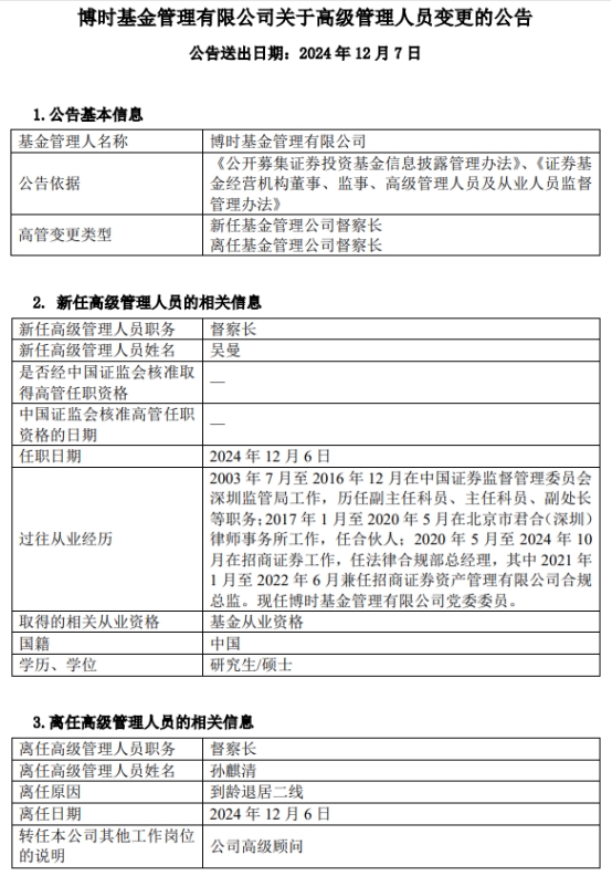 吴曼任博时基金督察长 原督察长孙麒清转任高级顾问